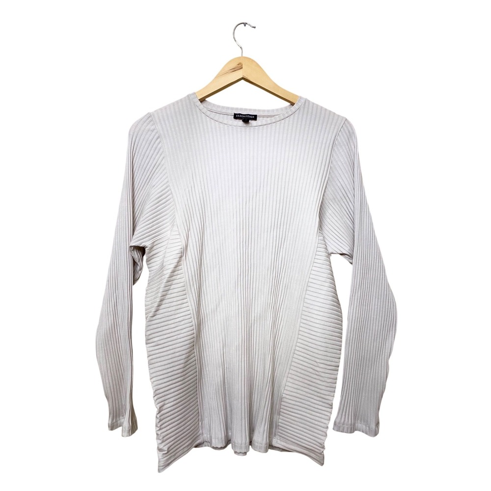 Eileen Fisher Womens XS Ribbed Tencel Lyocell Long Sleeve Top Bone Off White